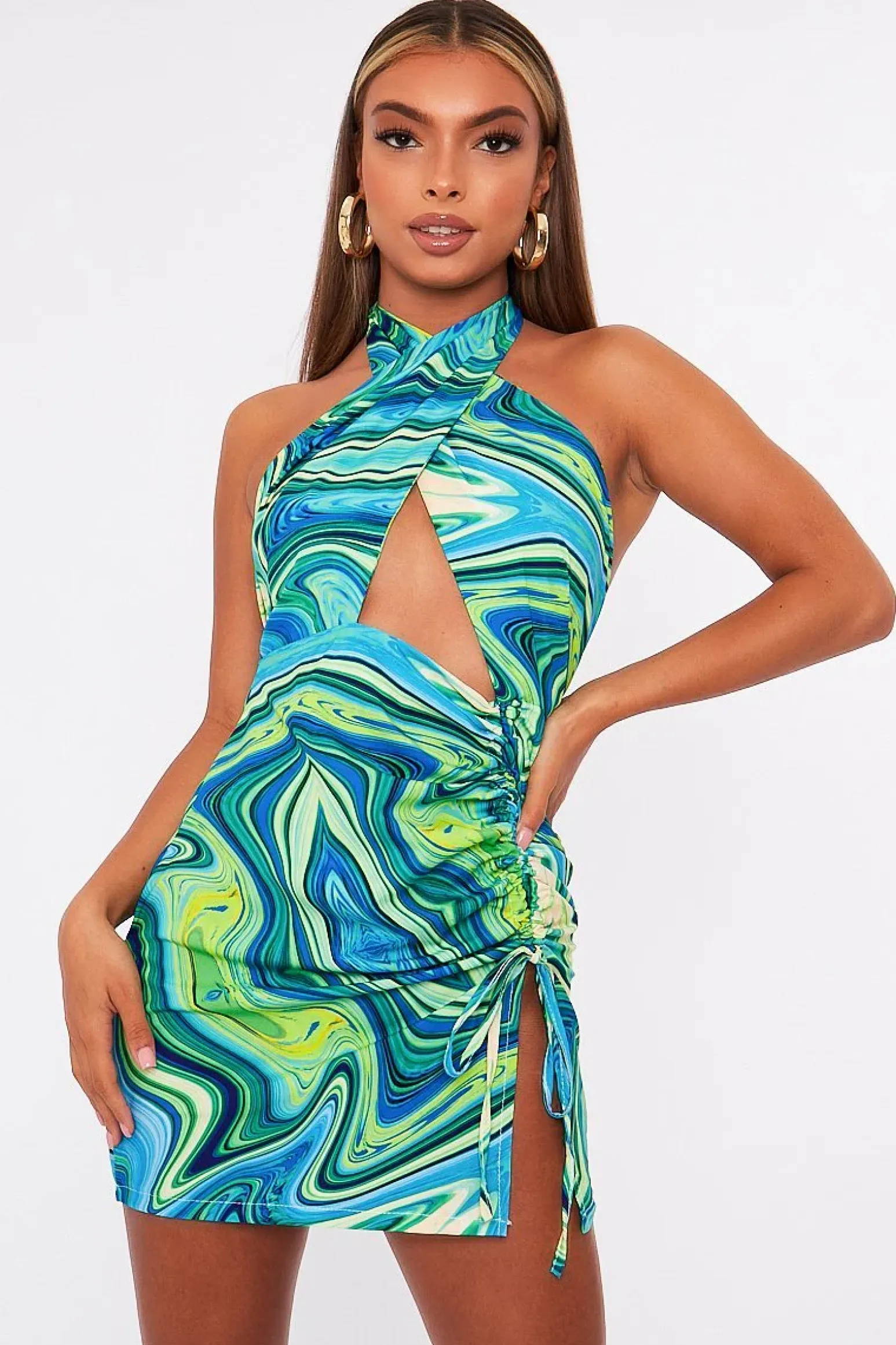 Rebellious Fashion Blue Marble Halter Neck Cut Out Ruched Mini Dress - Oliviyah