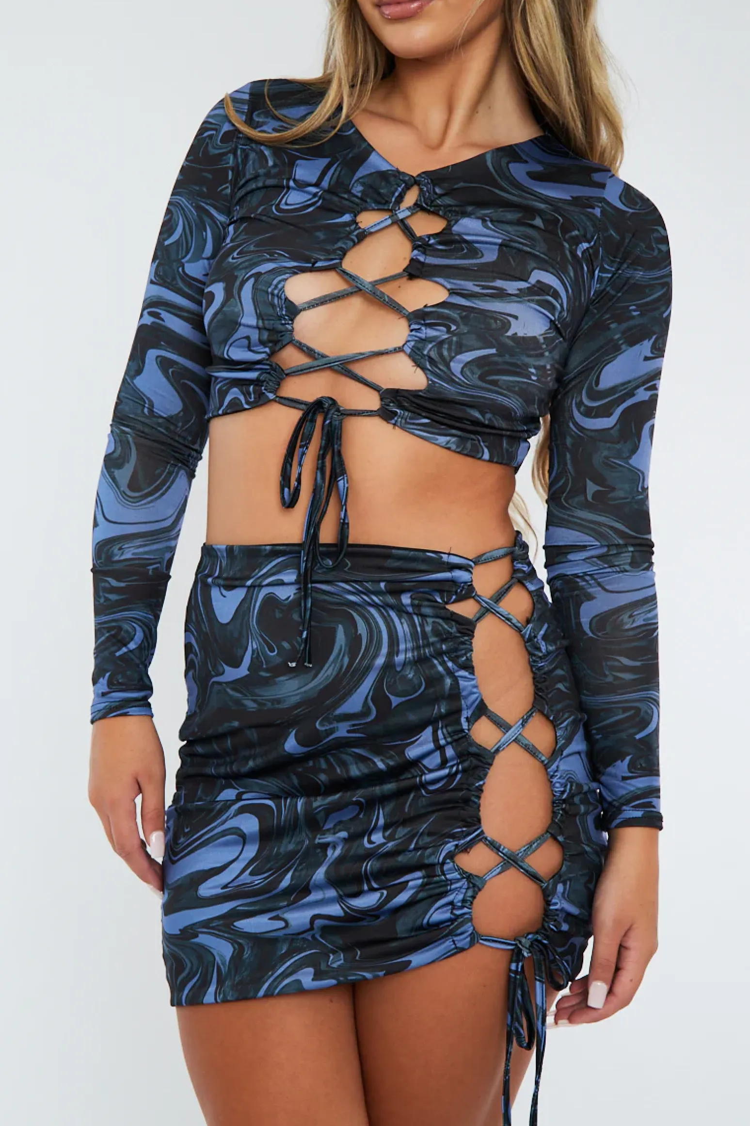 Rebellious Fashion Blue Marble Print Mini Skirt & Crop Top Co-Ord - Kylin