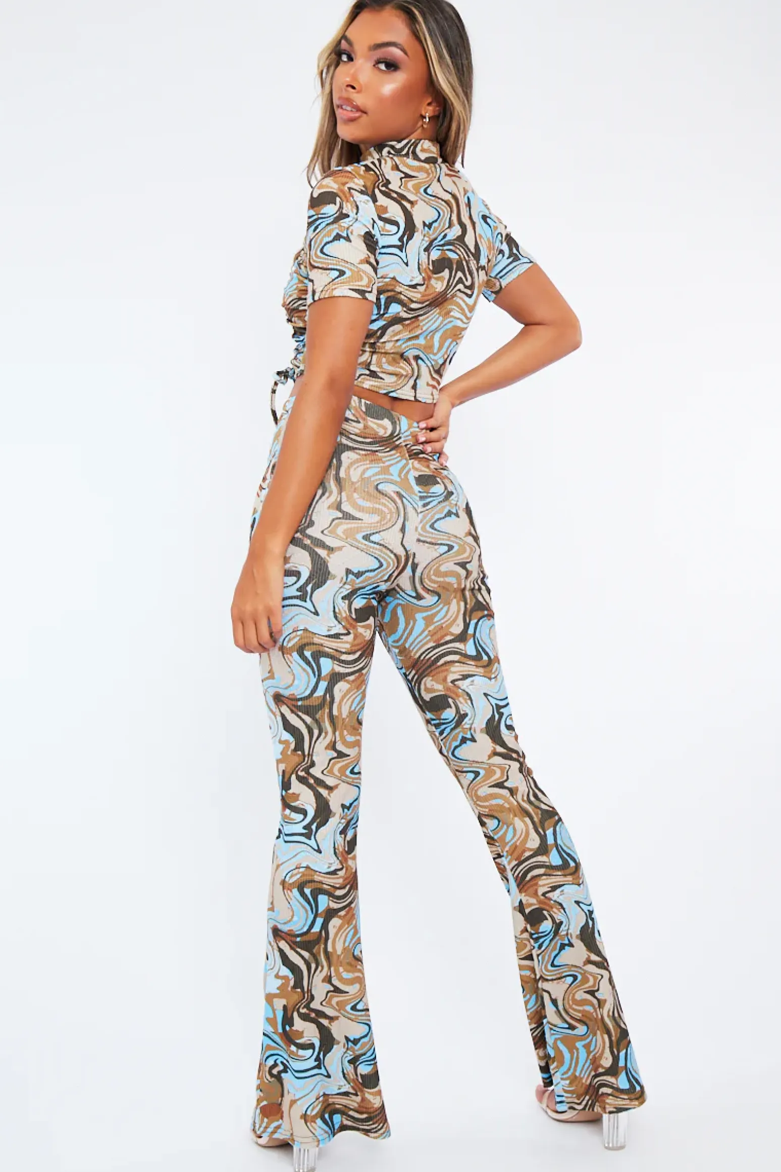 Rebellious Fashion Blue Marble Print Ribbed Set - Mansi