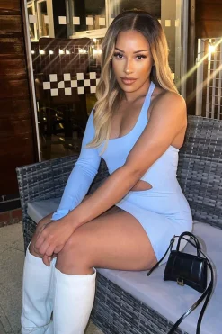 Rebellious Fashion Blue One Sleeve Cut Out Mini Dress - Kyra