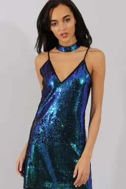 Rebellious Fashion Blue Sequin Cami Choker Dress - Ariel