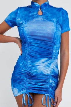 Rebellious Fashion Blue Tie Dye High Neck Ruched Mini Dress - Mici