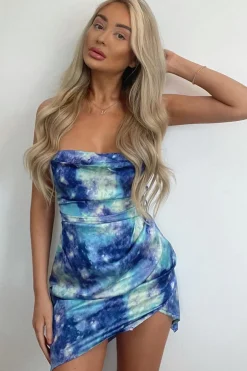 Rebellious Fashion Blue Tie Dye Print Cowl Neck Mini Dress - Ahri