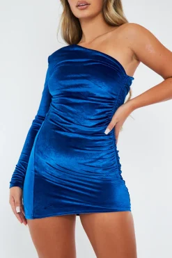Rebellious Fashion Blue Velvet One Sleeve Shoulder Pad Mini Dress - Mahra
