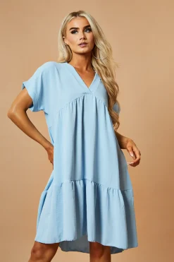 Rebellious Fashion Blue V-Neck Tiered Frill Mini Dress - Kate