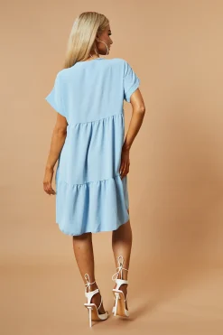 Rebellious Fashion Blue V-Neck Tiered Frill Mini Dress - Kate