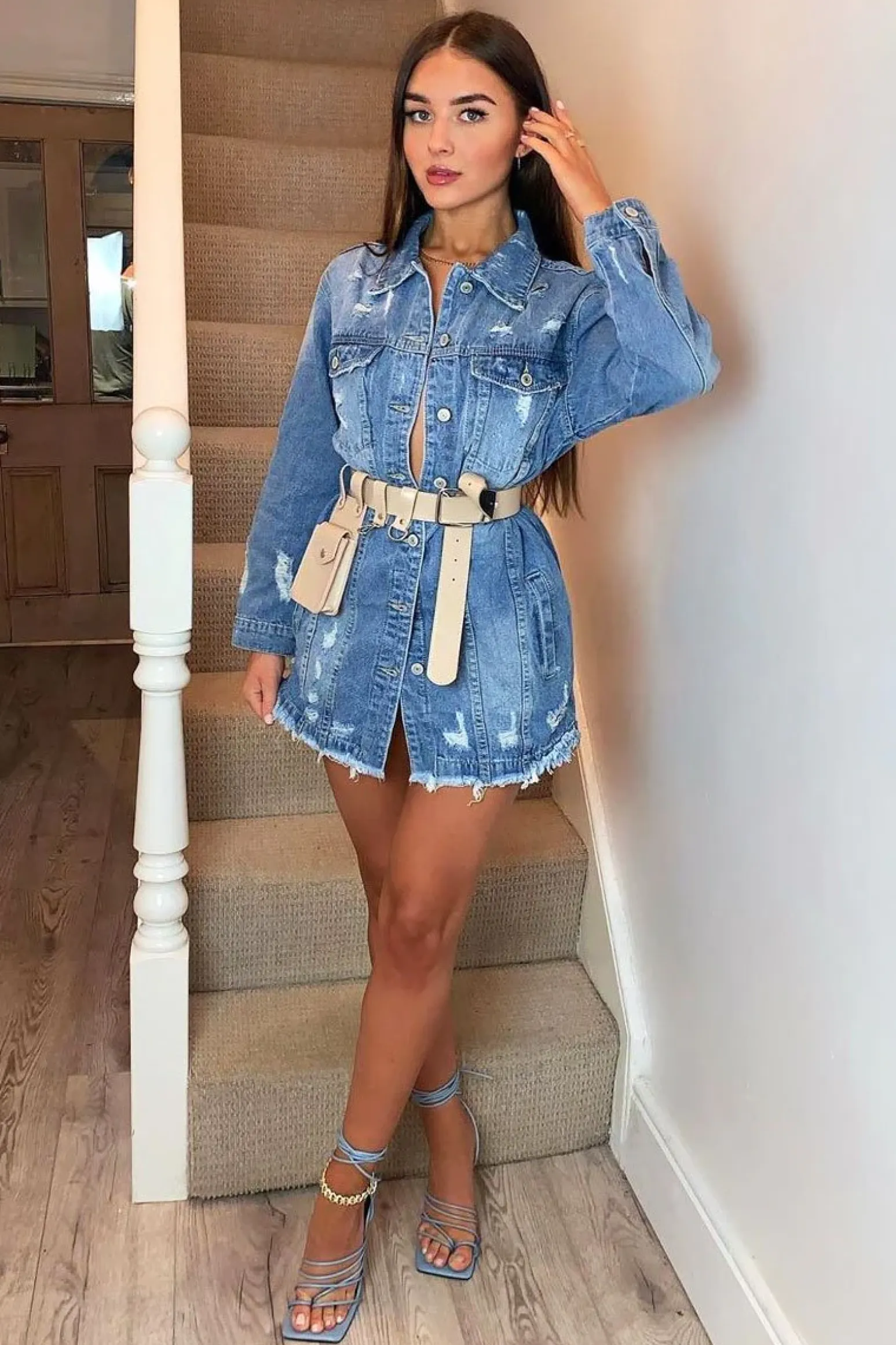 Rebellious Fashion Blue Washed Distressed Denim Shirt Dress - Chloey