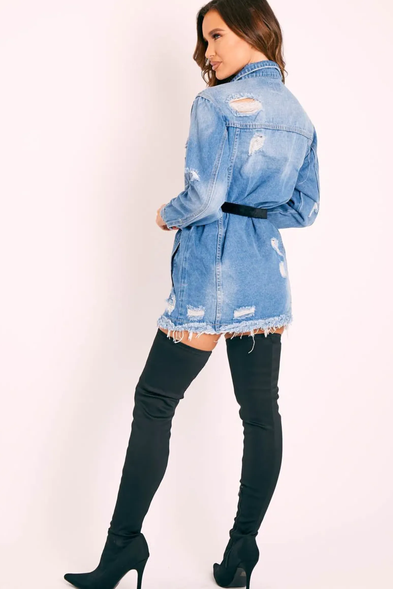 Rebellious Fashion Blue Washed Distressed Denim Shirt Dress - Chloey