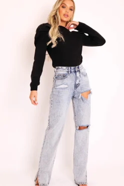 Rebellious Fashion Blue Acid Wash Distressed Side Split Jeans - Carely