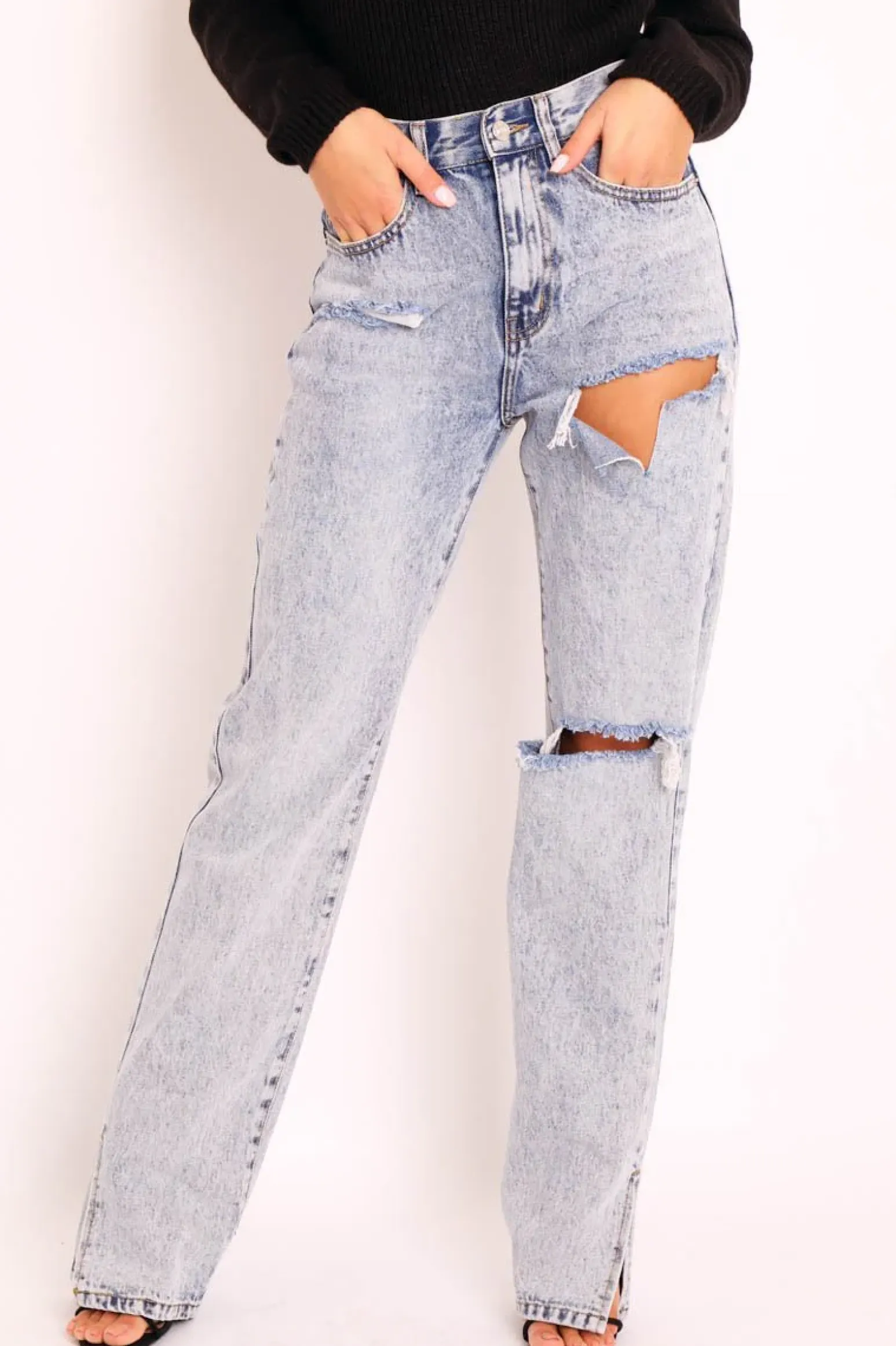 Rebellious Fashion Blue Acid Wash Distressed Side Split Jeans - Carely