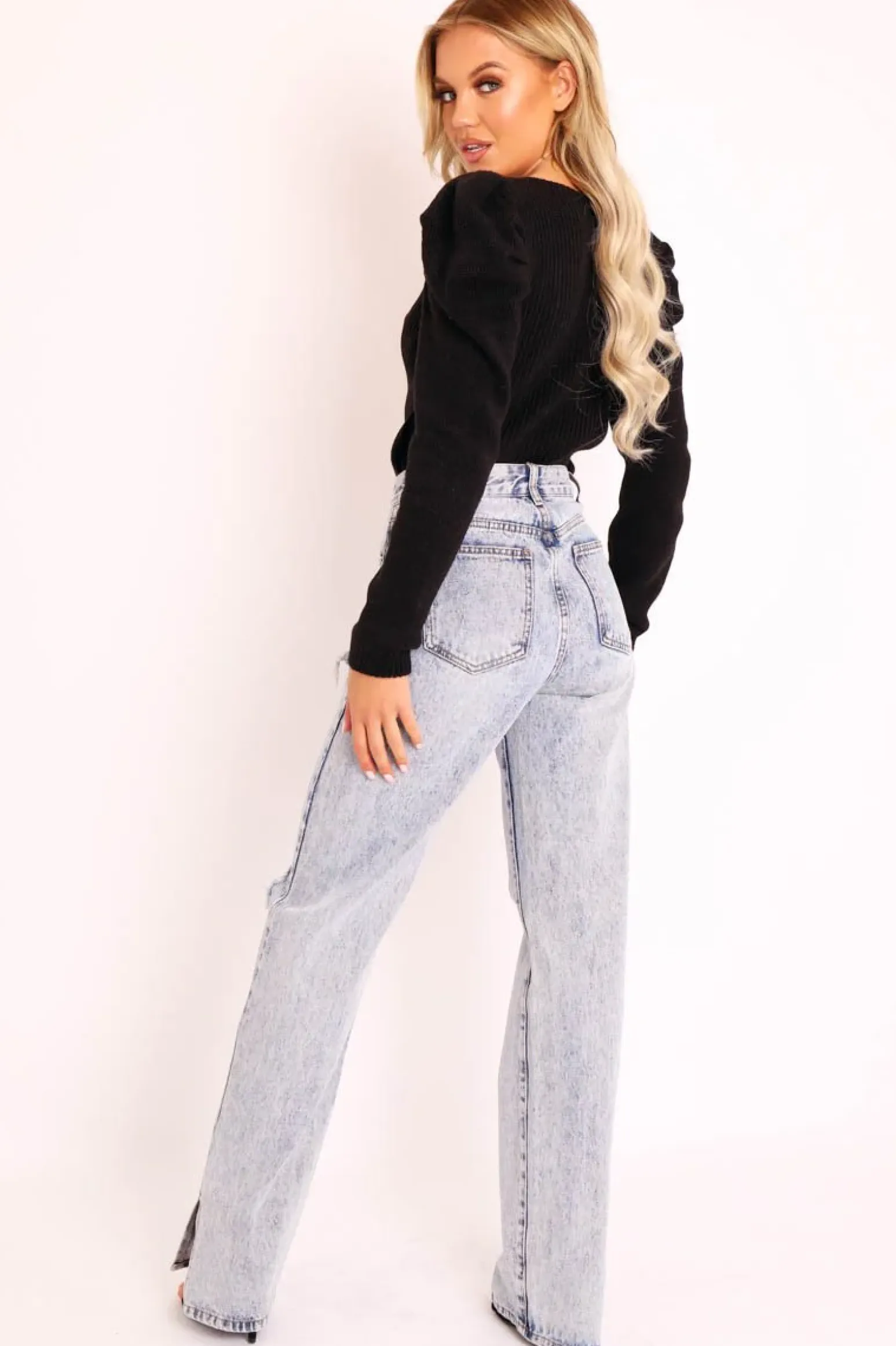 Rebellious Fashion Blue Acid Wash Distressed Side Split Jeans - Carely