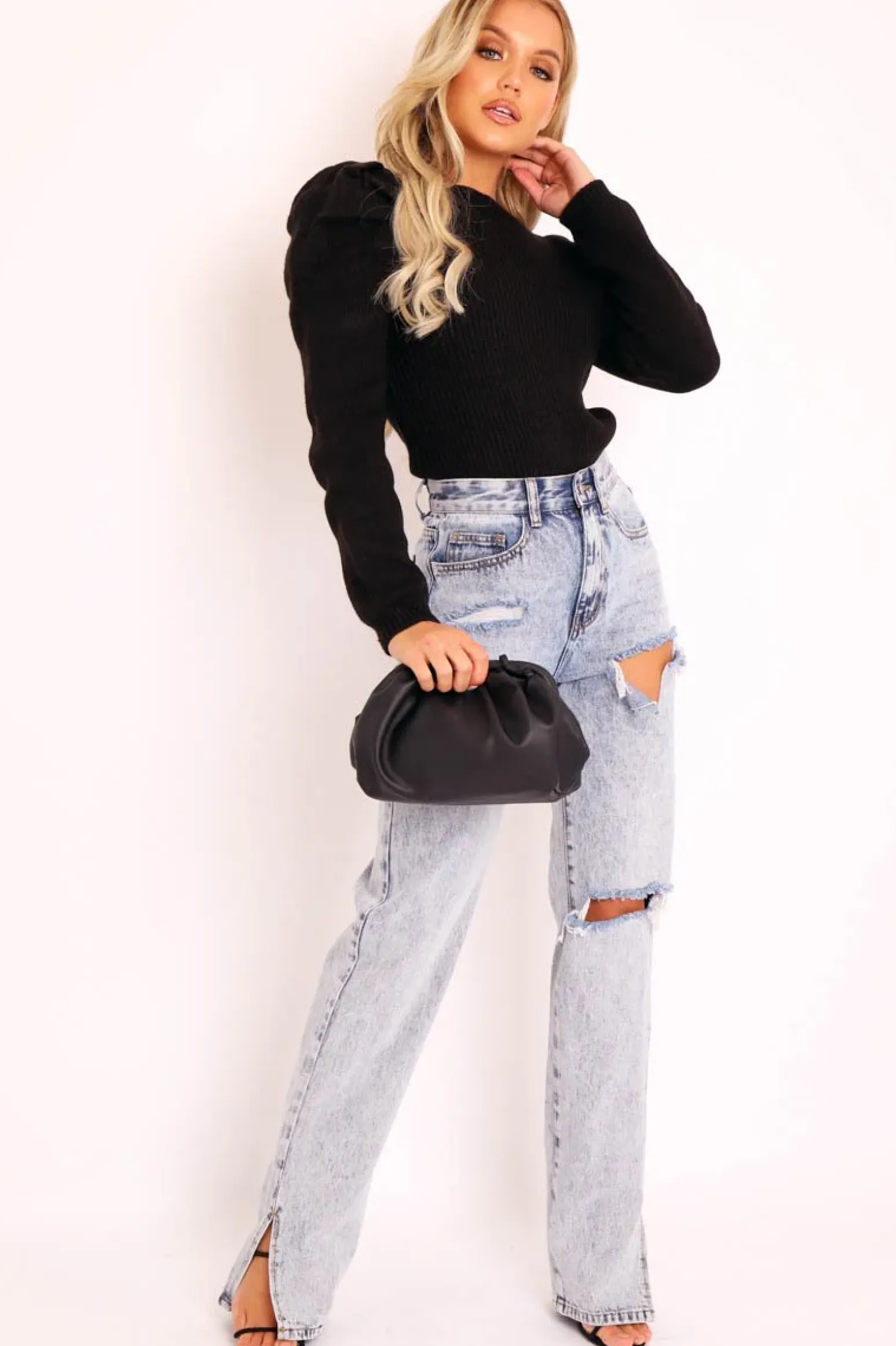 Rebellious Fashion Blue Acid Wash Distressed Side Split Jeans - Carely