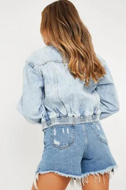 Rebellious Fashion Blue Acid Wash Elasticated Hem Denim Jacket - Freja