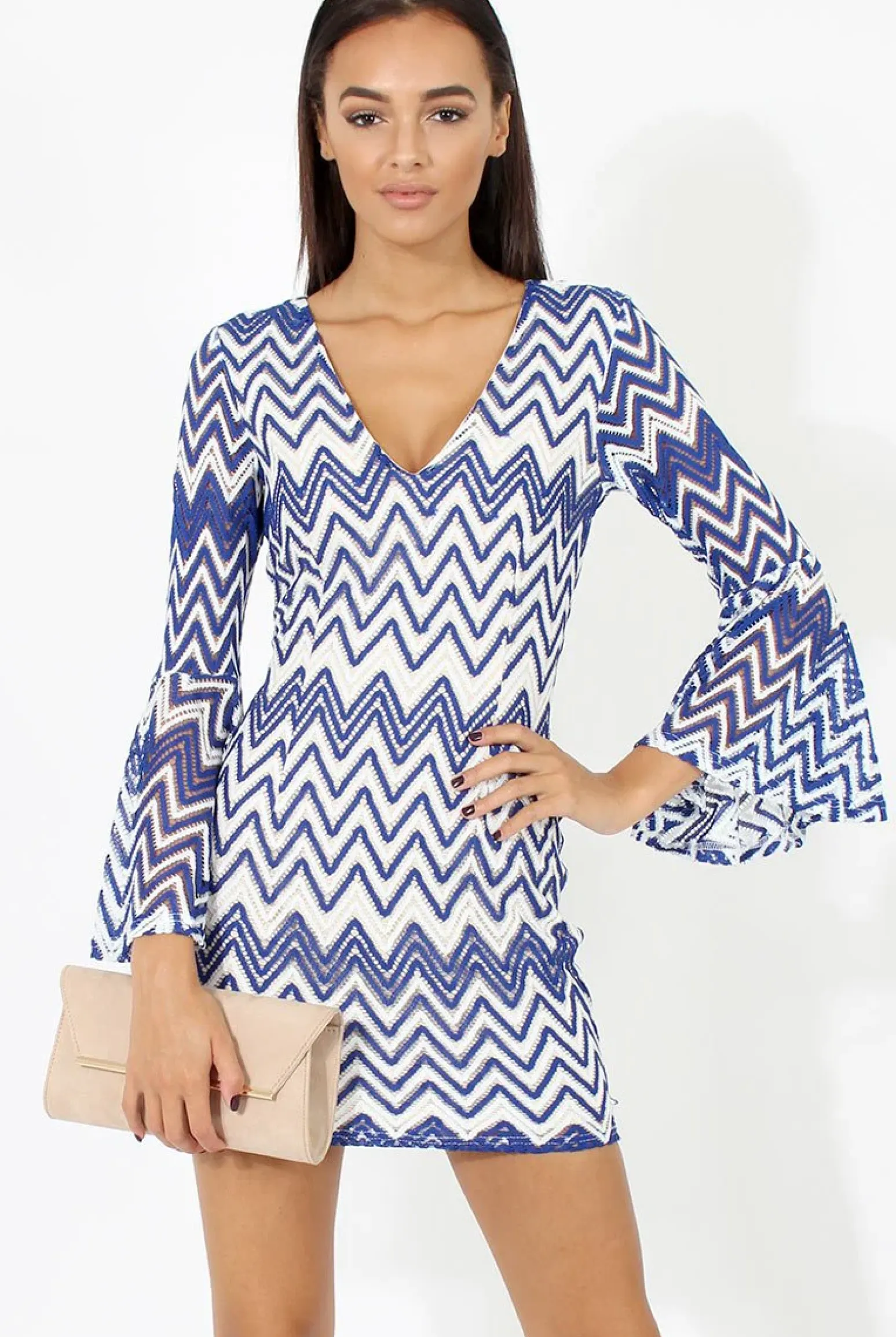 Rebellious Fashion Blue & White Crochet Flare Sleeve Dress - Kady