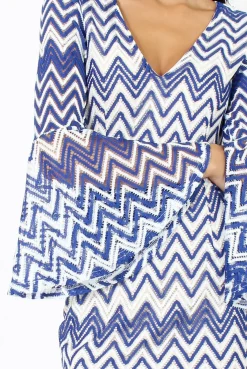 Rebellious Fashion Blue & White Crochet Flare Sleeve Dress - Kady