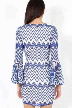 Rebellious Fashion Blue & White Crochet Flare Sleeve Dress - Kady