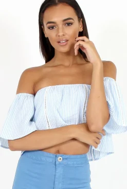 Rebellious Fashion Blue & White stripe Bardot Crop Top - Jennifer