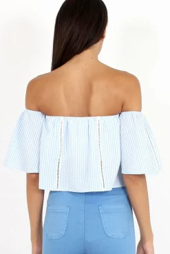 Rebellious Fashion Blue & White stripe Bardot Crop Top - Jennifer