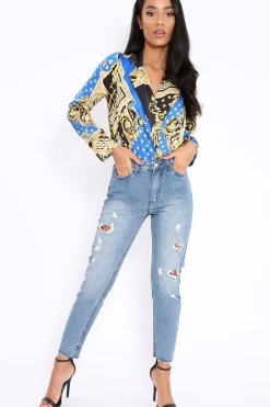 Rebellious Fashion Blue and Gold Scarf Print Satin Plunge Bodysuit - Moniqua