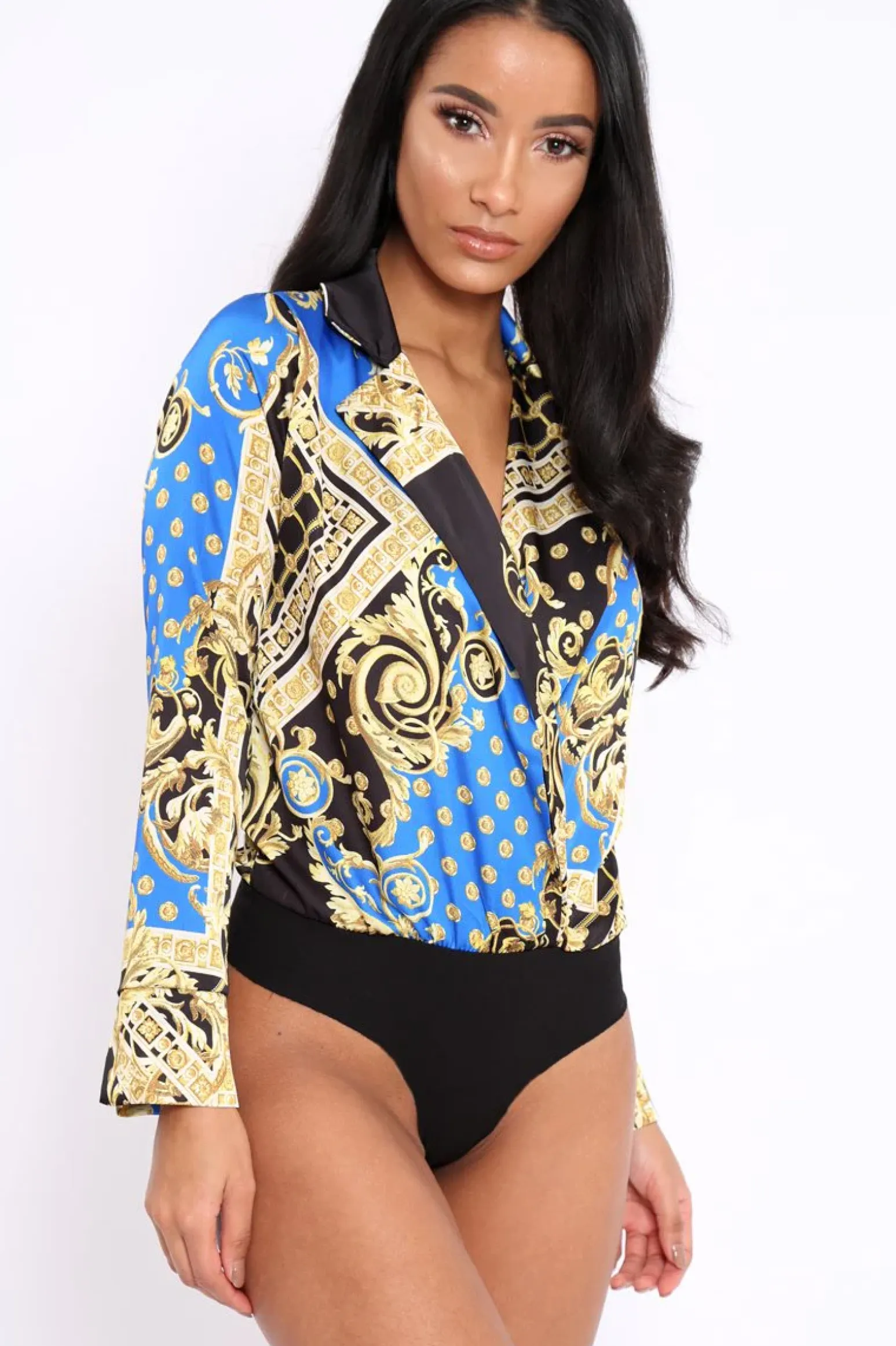 Rebellious Fashion Blue and Gold Scarf Print Satin Plunge Bodysuit - Moniqua