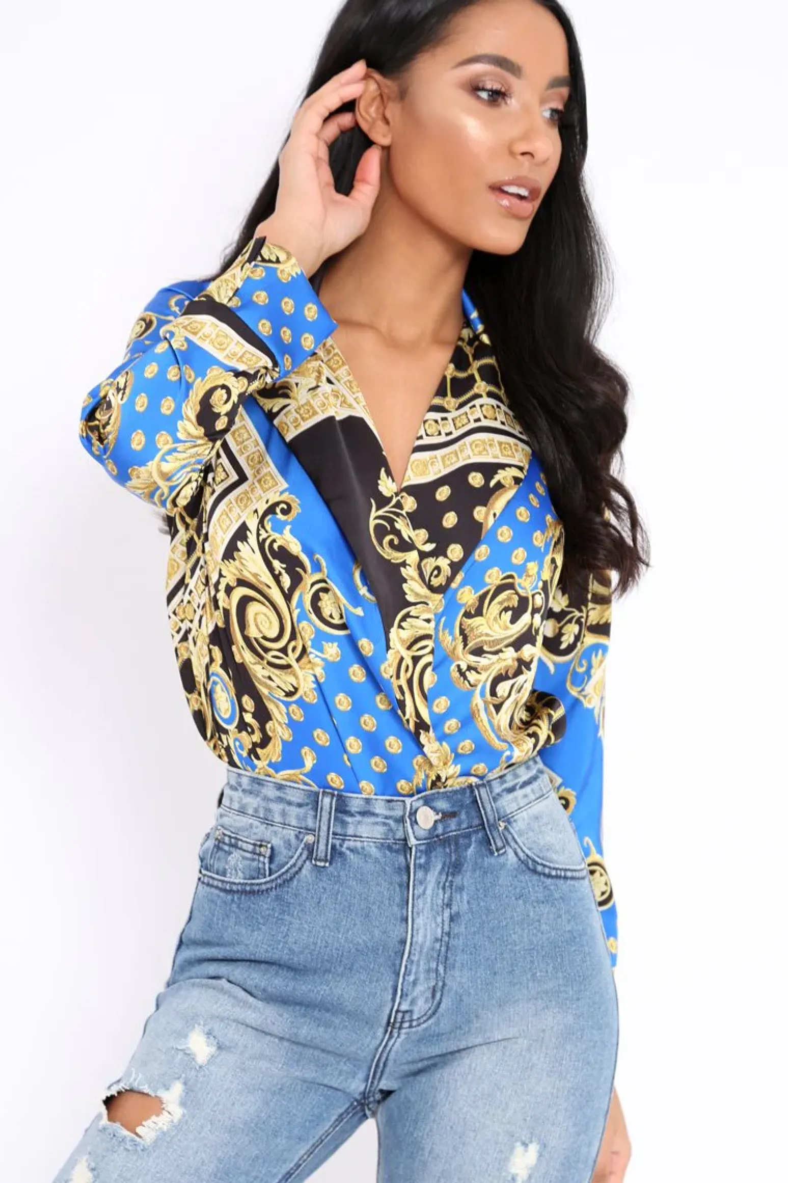 Rebellious Fashion Blue and Gold Scarf Print Satin Plunge Bodysuit - Moniqua