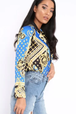 Rebellious Fashion Blue and Gold Scarf Print Satin Plunge Bodysuit - Moniqua