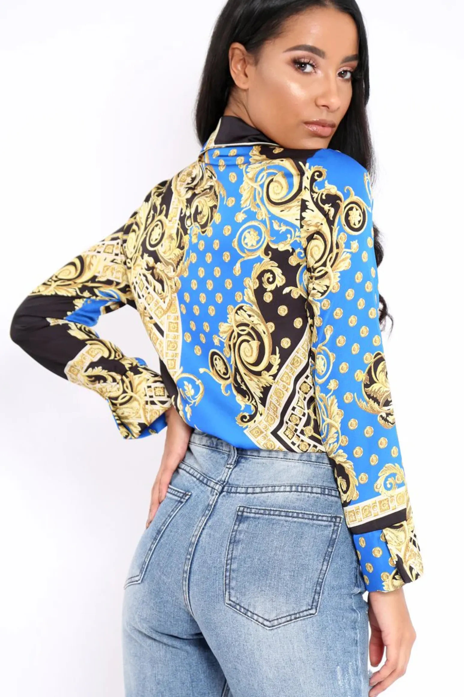 Rebellious Fashion Blue and Gold Scarf Print Satin Plunge Bodysuit - Moniqua