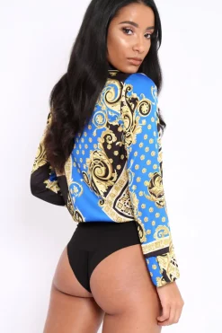 Rebellious Fashion Blue and Gold Scarf Print Satin Plunge Bodysuit - Moniqua