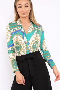 Rebellious Fashion Blue and Green Scarf Print Plunge Bodysuit - Chrissy