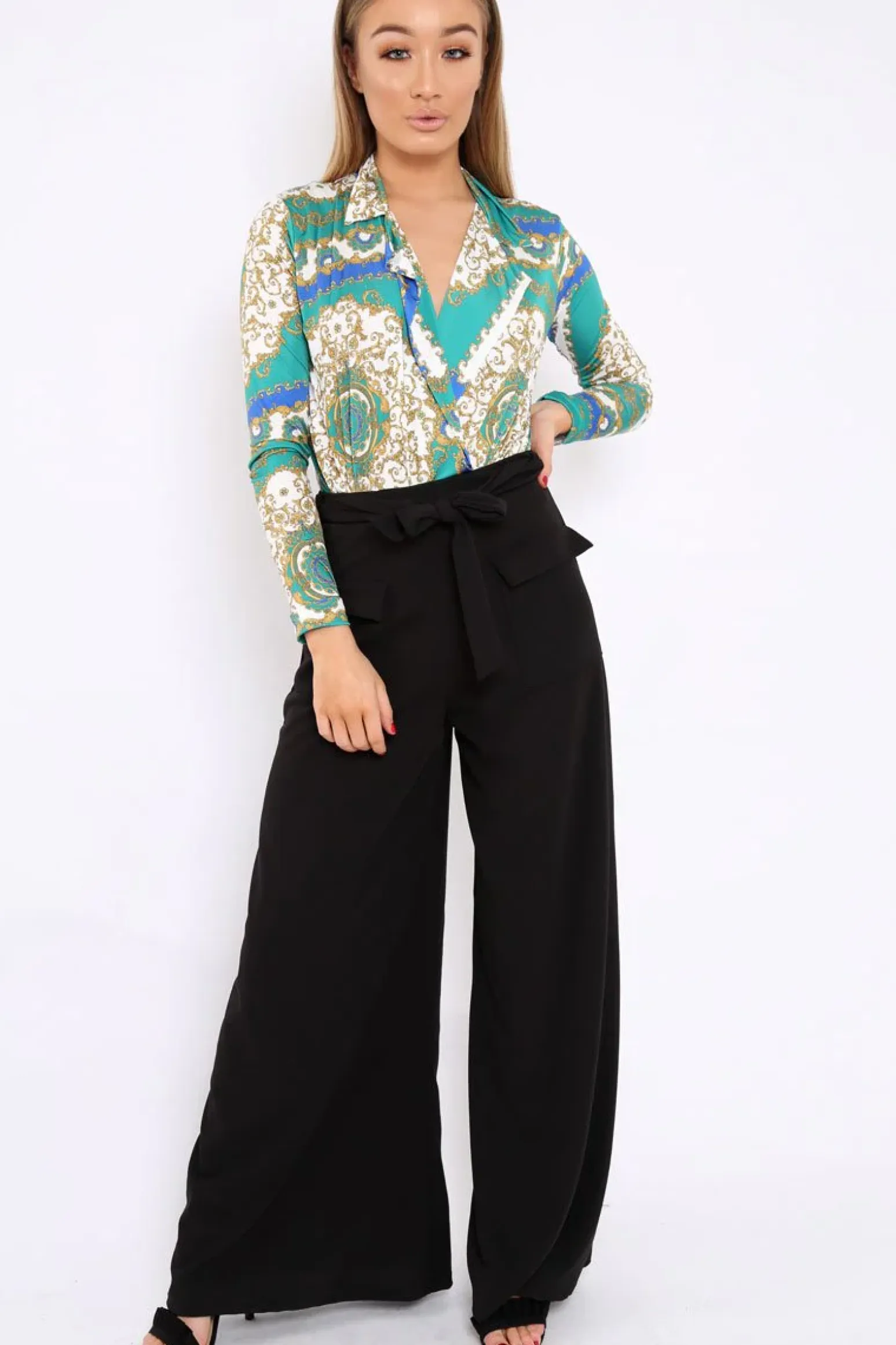 Rebellious Fashion Blue and Green Scarf Print Plunge Bodysuit - Chrissy