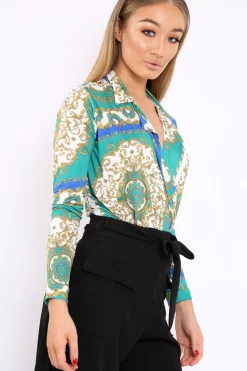 Rebellious Fashion Blue and Green Scarf Print Plunge Bodysuit - Chrissy