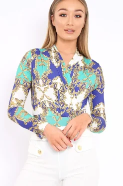 Rebellious Fashion Blue and Green Scarf Print Wrap Front Bodysuit - Jasmina