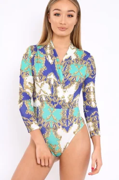 Rebellious Fashion Blue and Green Scarf Print Wrap Front Bodysuit - Jasmina