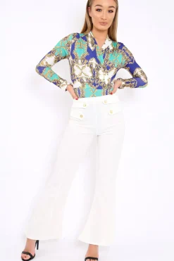 Rebellious Fashion Blue and Green Scarf Print Wrap Front Bodysuit - Jasmina