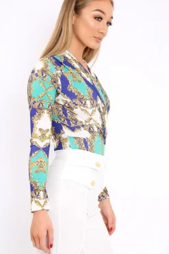 Rebellious Fashion Blue and Green Scarf Print Wrap Front Bodysuit - Jasmina