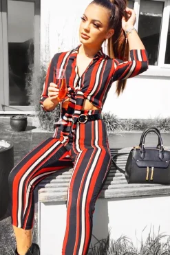 Rebellious Fashion Blue and Orange Striped Cut Out Jumpsuit - Verity