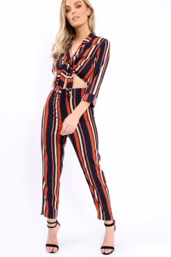 Rebellious Fashion Blue and Orange Striped Cut Out Jumpsuit - Verity