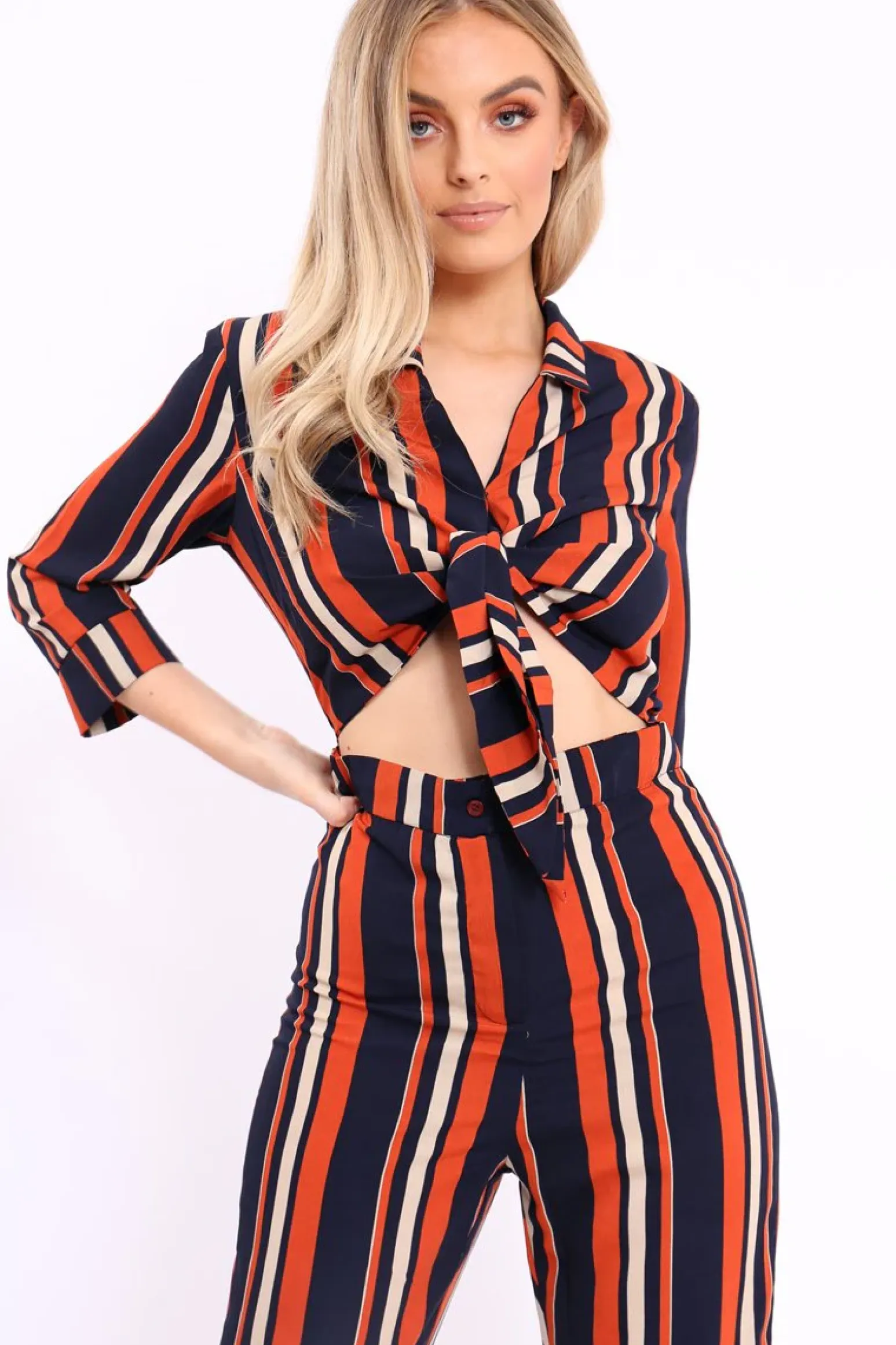 Rebellious Fashion Blue and Orange Striped Cut Out Jumpsuit - Verity