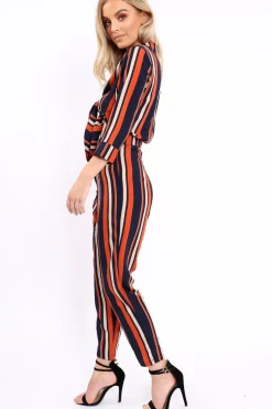 Rebellious Fashion Blue and Orange Striped Cut Out Jumpsuit - Verity