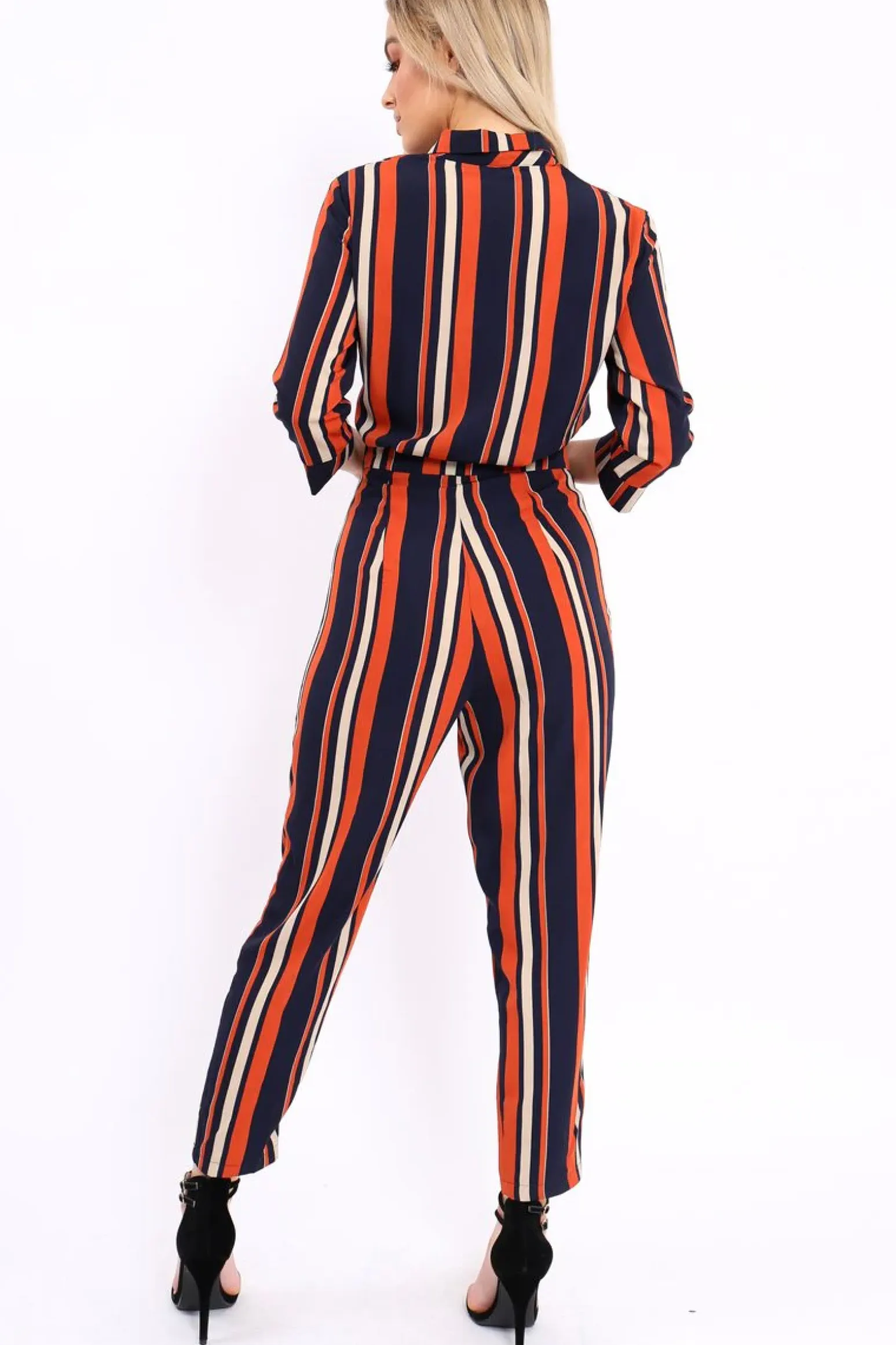 Rebellious Fashion Blue and Orange Striped Cut Out Jumpsuit - Verity