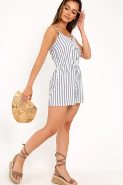 Rebellious Fashion Blue And White Stripe Button Front Playsuit - Aaryn