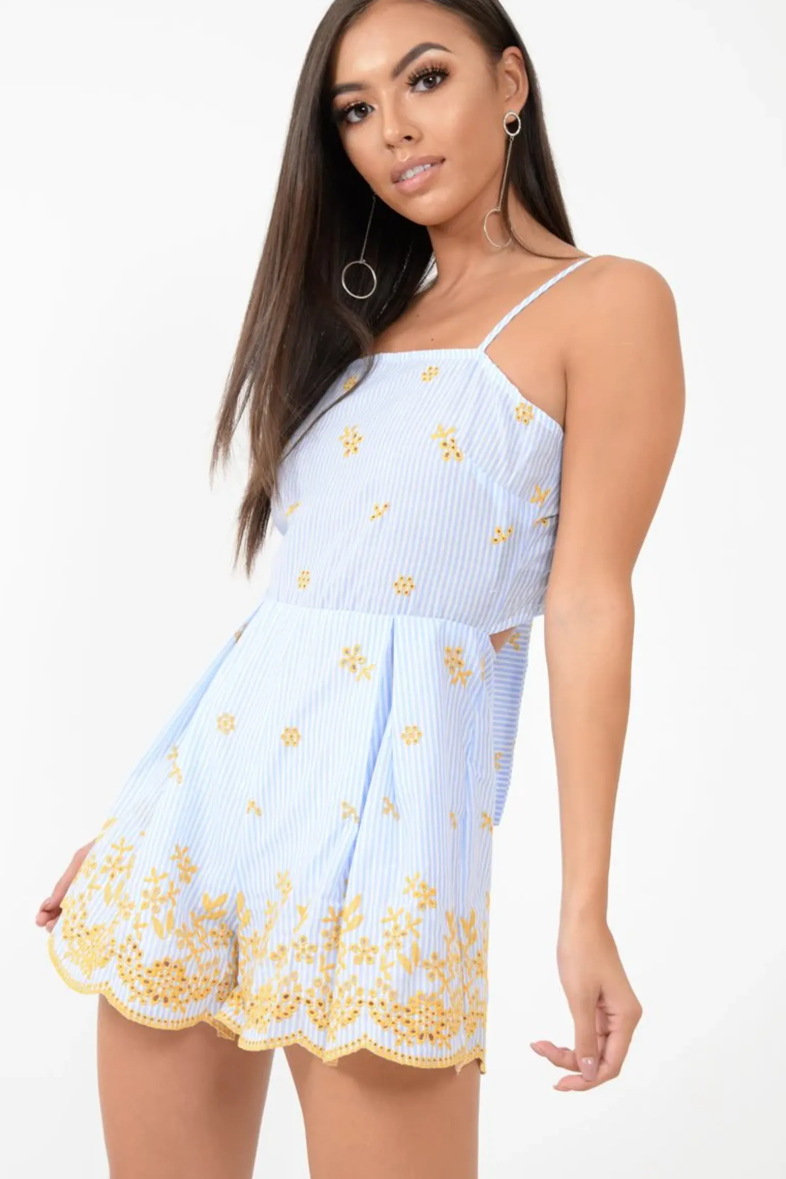 Rebellious Fashion Blue And White Striped Tie Back Embroidery Playsuit - Renita