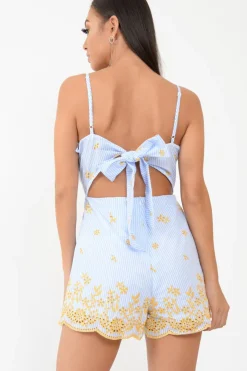Rebellious Fashion Blue And White Striped Tie Back Embroidery Playsuit - Renita