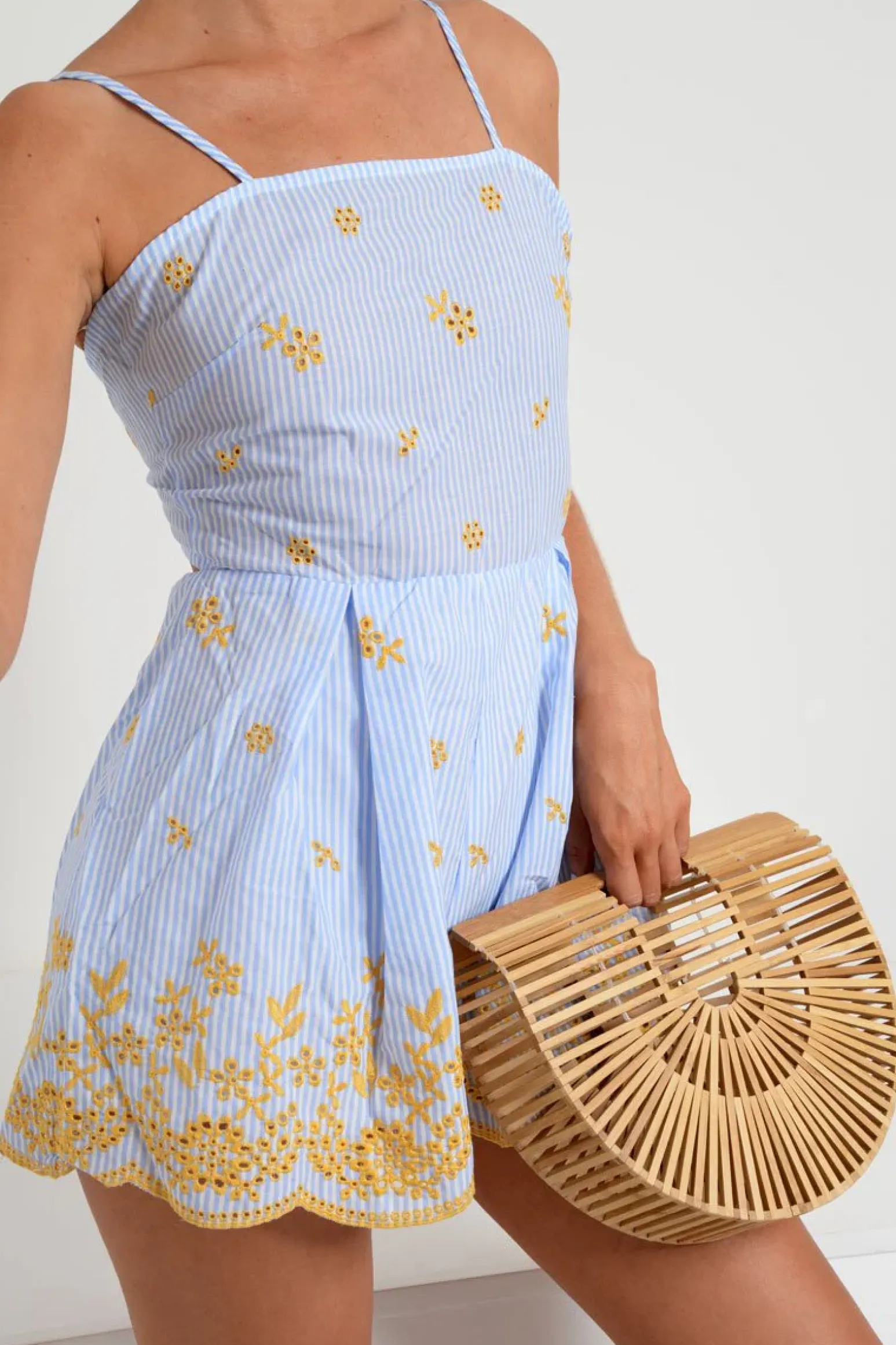 Rebellious Fashion Blue And White Striped Tie Back Embroidery Playsuit - Renita