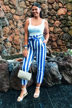 Rebellious Fashion Blue and White Striped Tie Waist Tapered Trousers - Dura