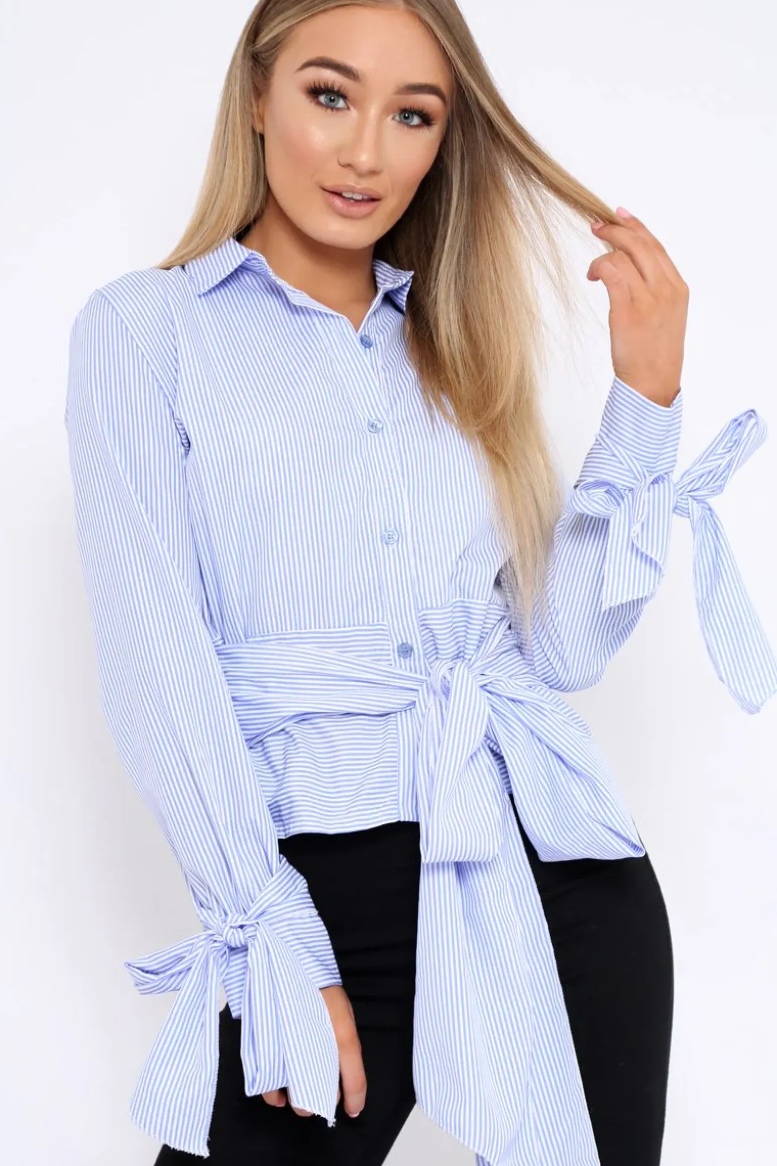 Rebellious Fashion Blue and White Stripe Tie Shirt - Jenica
