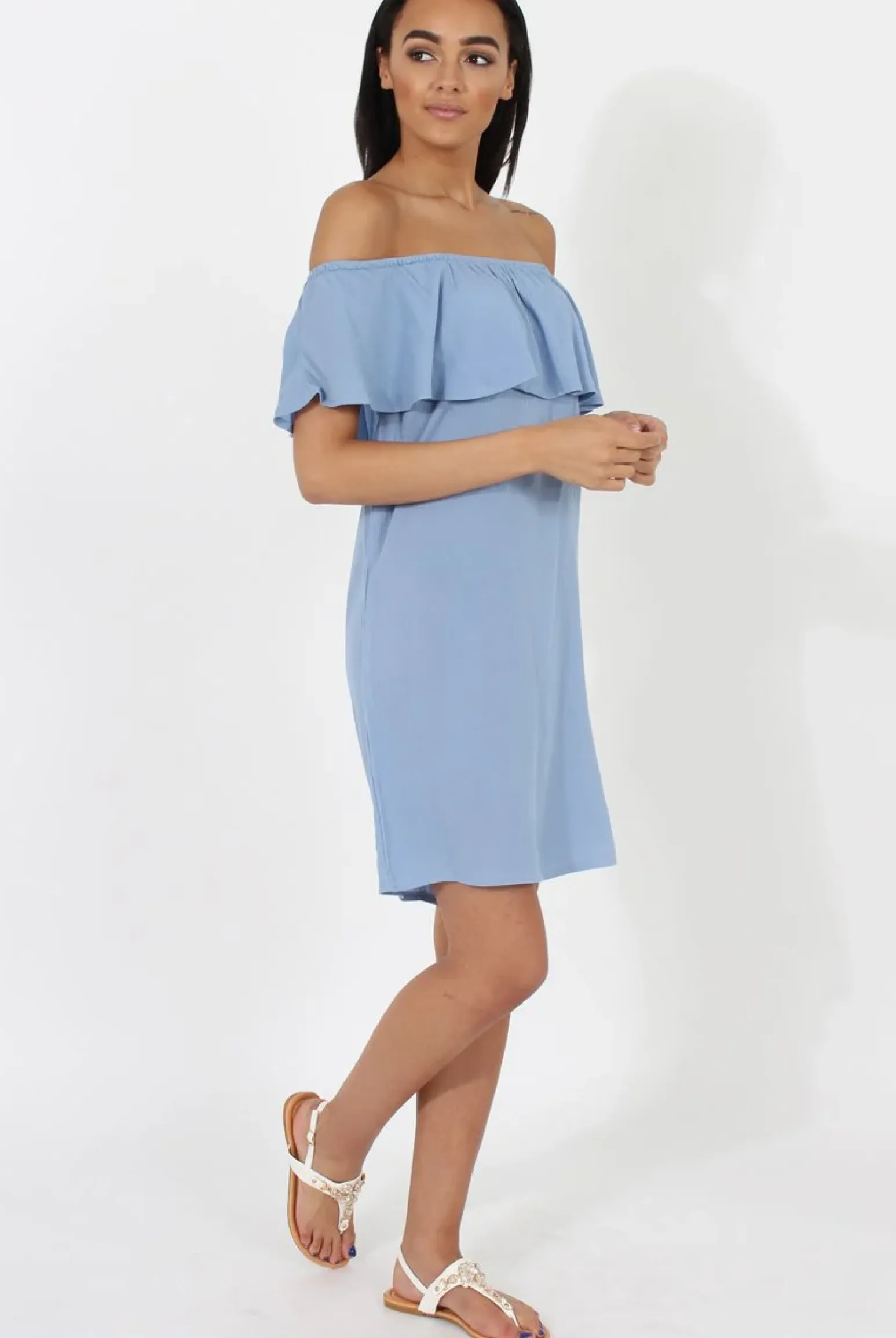 Rebellious Fashion Blue Bardot Frill Dress - Ophelia