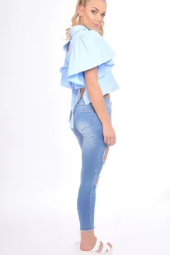 Rebellious Fashion Blue Bell Sleeve Open Back Shirt - Piper