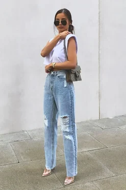 Rebellious Fashion Blue Bleach Washed Distressed Straight Leg Jeans - Holly