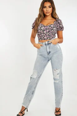 Rebellious Fashion Blue Bleach Washed Distressed Straight Leg Jeans - Holly